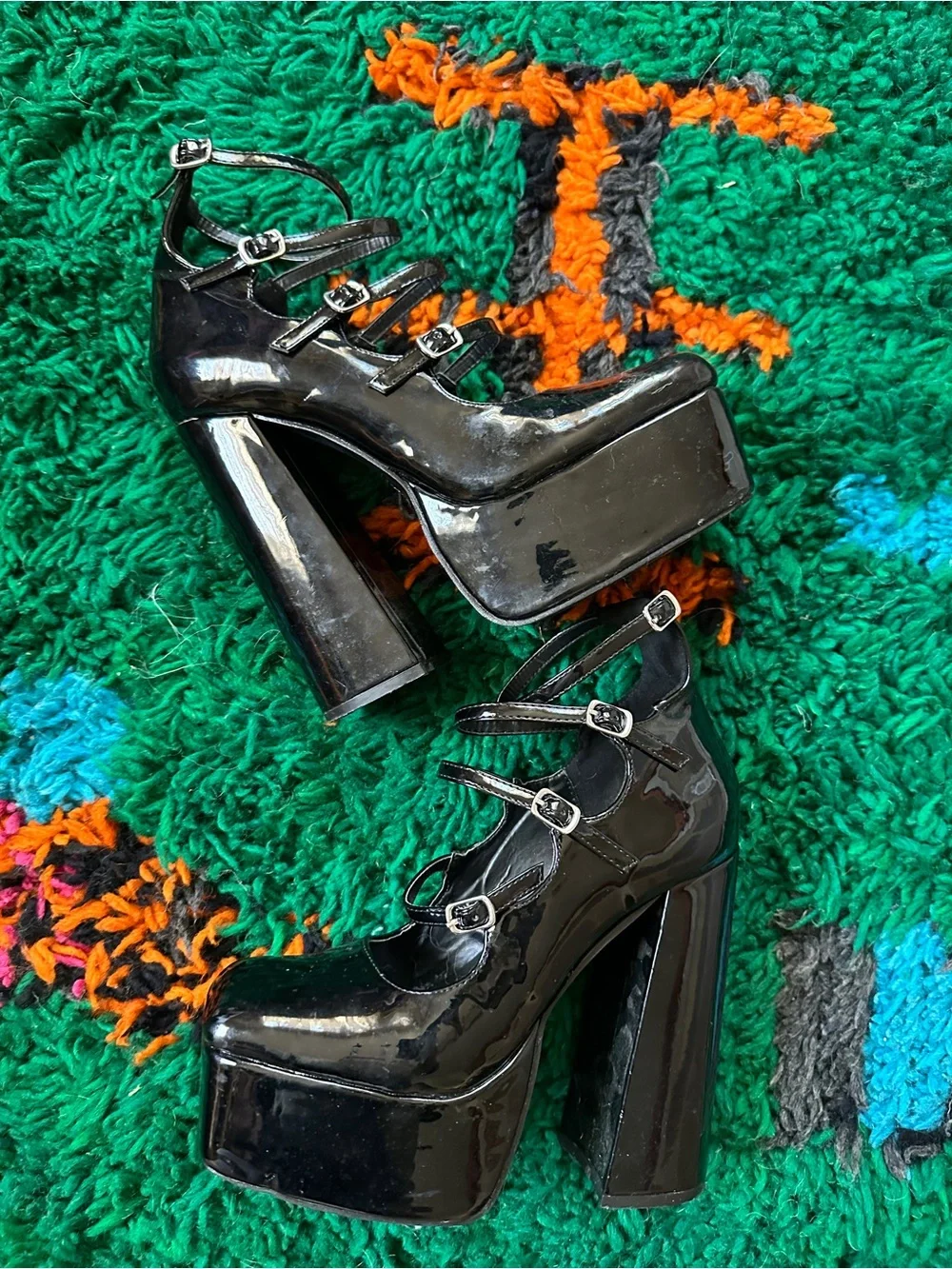Black Patent Platform Mary Jane Heels - Women